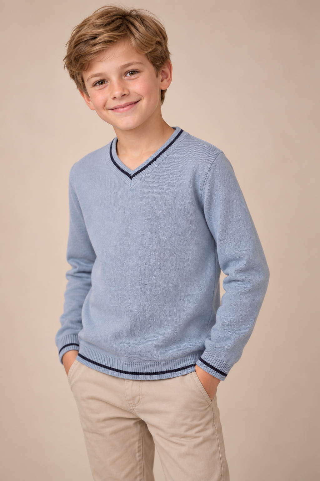 Steel Blue Knitted V-Neck T-shirt