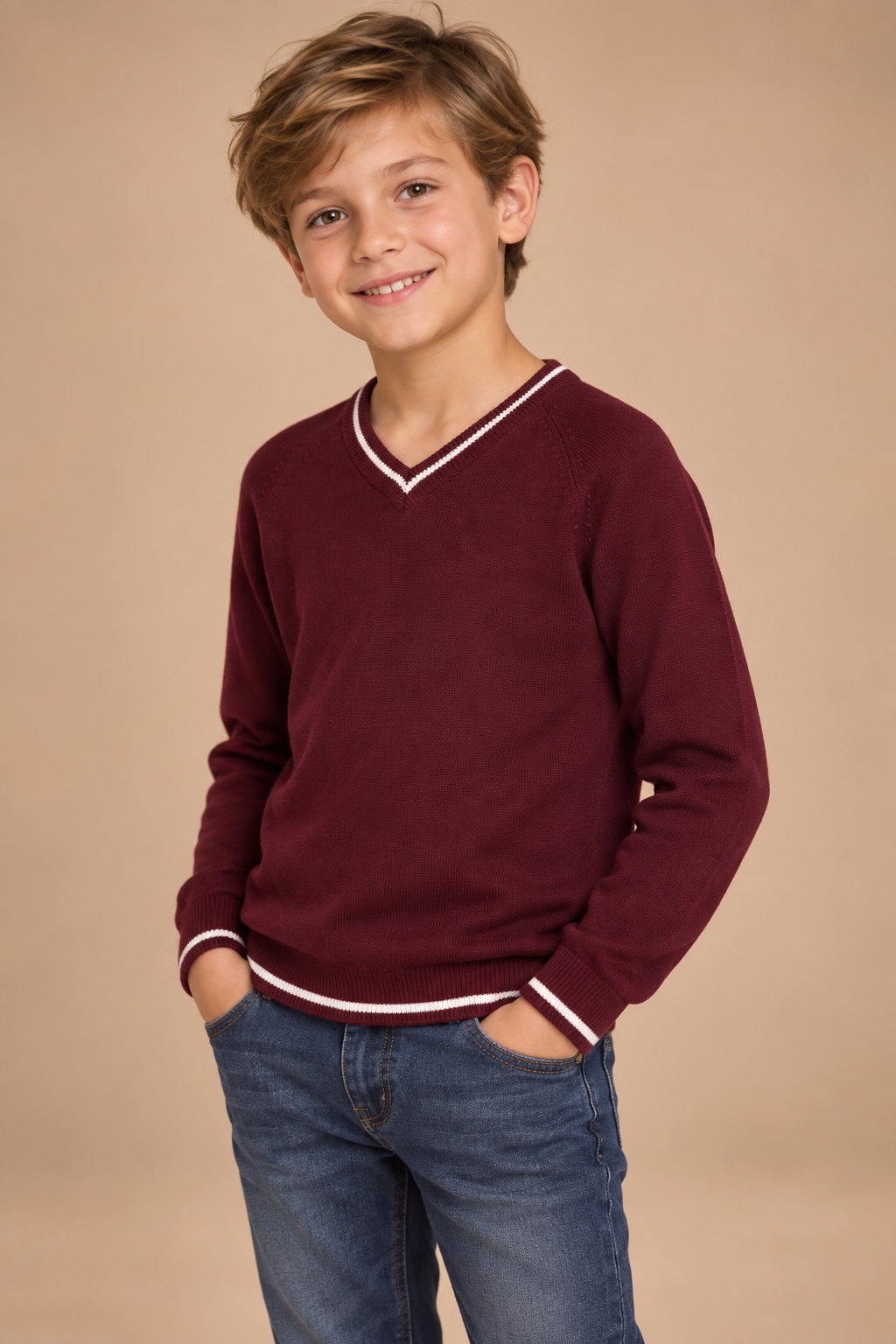 Burgundy Knitted V-Neck T-shirt
