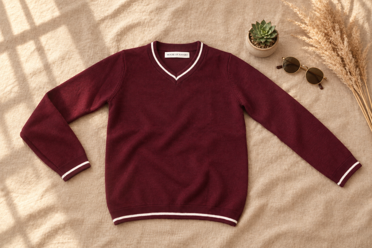 Burgundy Knitted V-Neck T-shirt