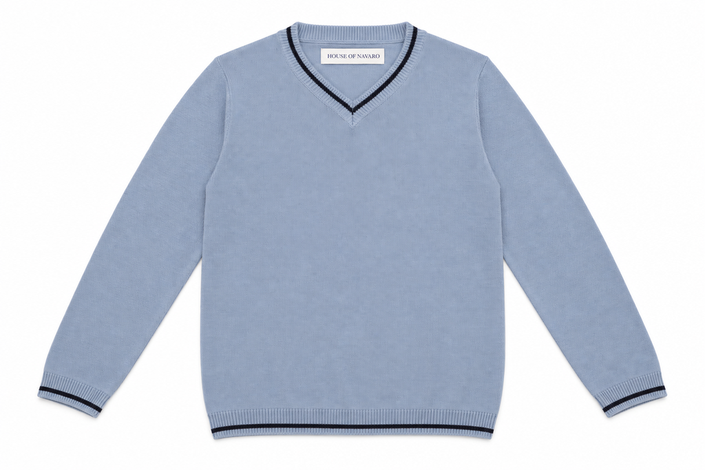 Steel Blue Knitted V-Neck T-shirt