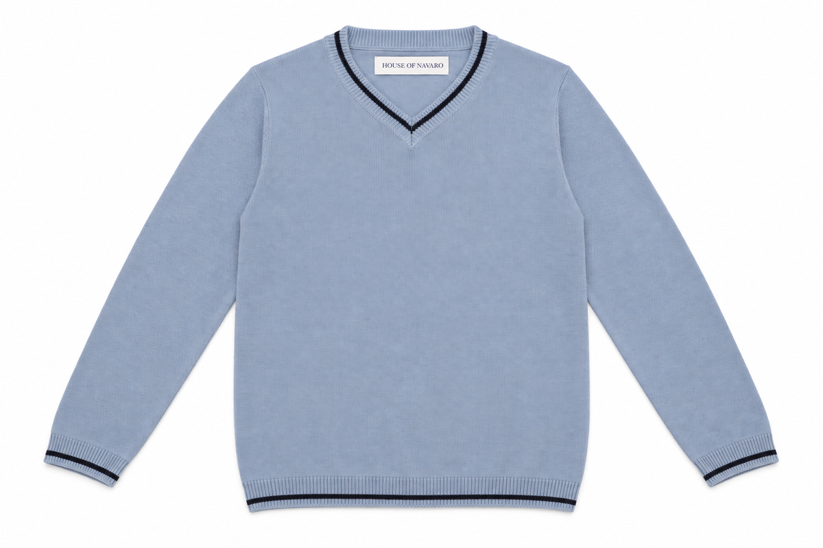 Steel Blue Knitted V-Neck T-shirt