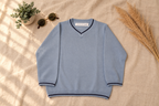 Steel Blue Knitted V-Neck T-shirt