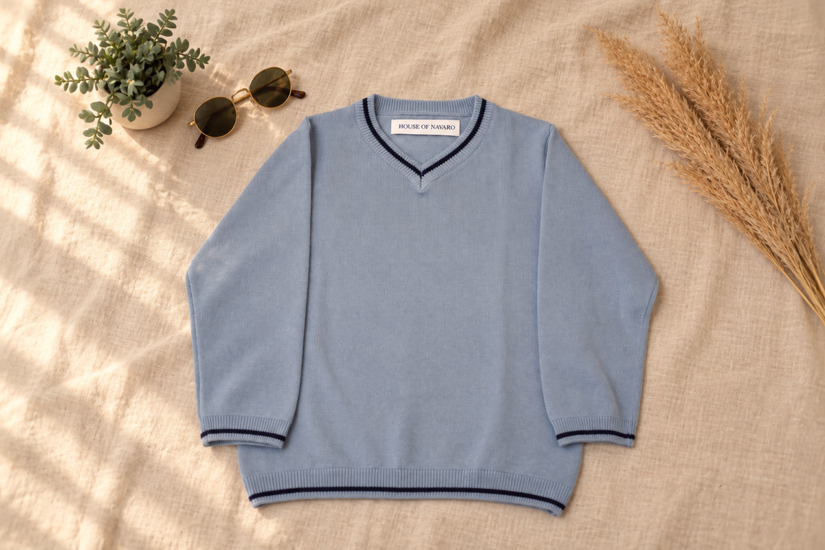 Steel Blue Knitted V-Neck T-shirt